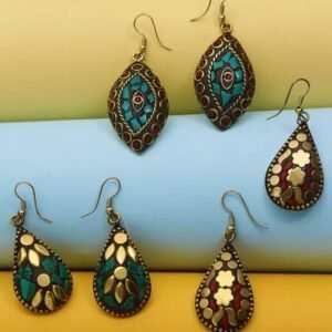 YELLOW CHIMES Handmade Tibetan Traditional COMBO of 3 Pairs Gold Plated Dangler Earrings Metal Drops & Danglers